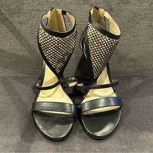 Aldo Gold Detail Leather T-Strap Heel Sandals Black